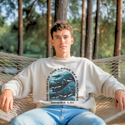 God Created the Large Sea Creatures | Crewneck Sweatshirt Gildan SF000 - Sown In Christ Apparel Co.