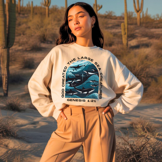 God Created the Large Sea Creatures | Crewneck Sweatshirt Gildan SF000 - Sown In Christ Apparel Co.