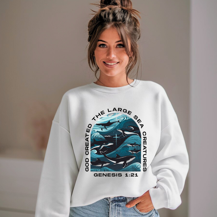 God Created the Large Sea Creatures | Crewneck Sweatshirt Gildan SF000 - Sown In Christ Apparel Co.