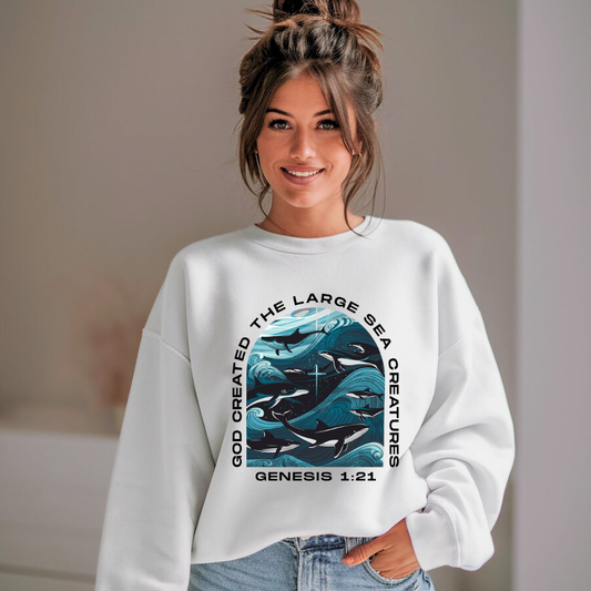 God Created the Large Sea Creatures | Crewneck Sweatshirt Gildan SF000 - Sown In Christ Apparel Co.