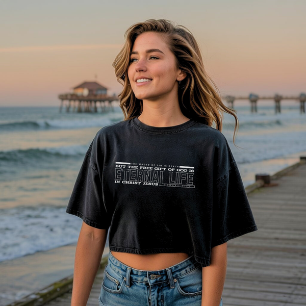 Free Gift of God is Eternal Life | Women's Cropped Heritage Crewneck T-Shirt - Sown In Christ Apparel Co.
