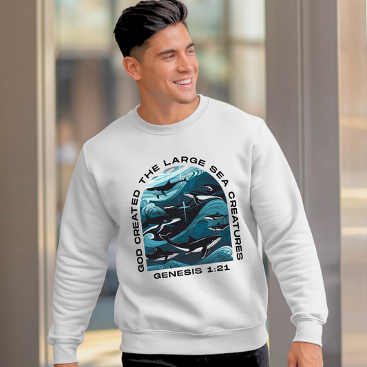God Created the Large Sea Creatures | Crewneck Sweatshirt Gildan SF000 - Sown In Christ Apparel Co.