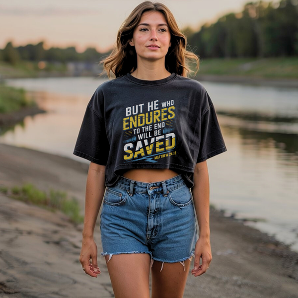 He Who Endures | Women's Cropped Heritage Crewneck T-Shirt - Sown In Christ Apparel Co.