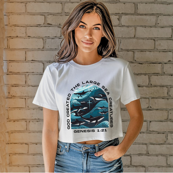 God Created the Large Sea Creatures | Women's Cropped Heritage Crewneck T-Shirt - Sown In Christ Apparel Co.