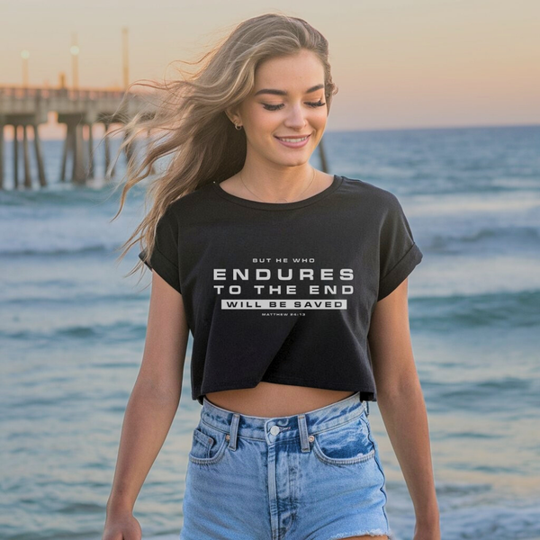 But He Who Endures to the End | Women's Cropped Heritage Crewneck T-Shirt - Sown In Christ Apparel Co.