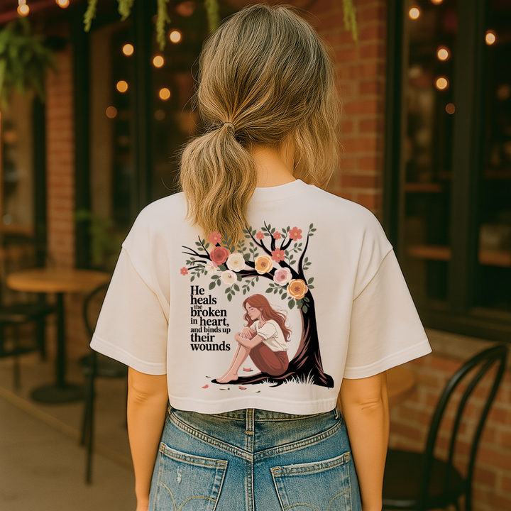 He Heals the Broken in Heart | Women's Cropped Heritage Crewneck T-Shirt - Sown In Christ Apparel Co.