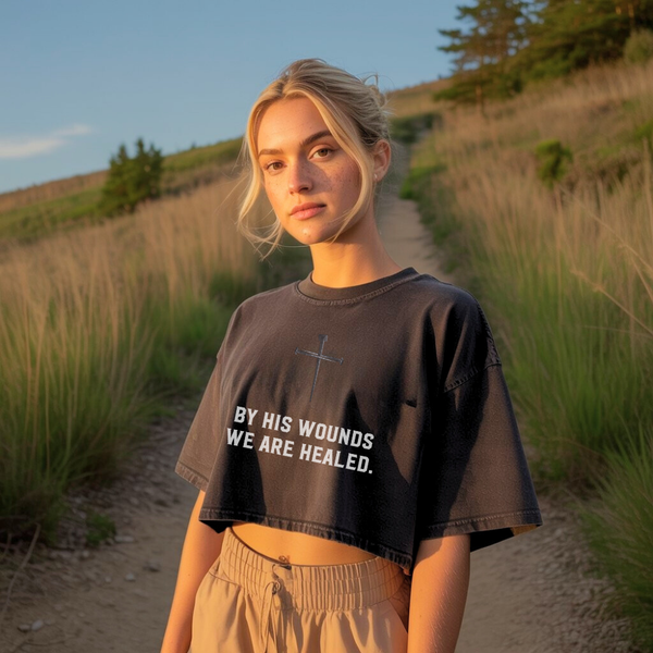 By His Wounds We are Healed | Women's Cropped Heritage Crewneck T-Shirt