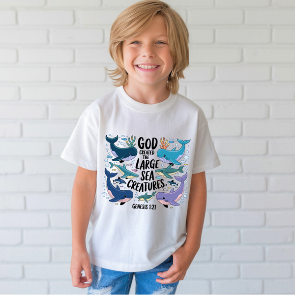 God Created the Large Sea Creatures | Premium Kids Crewneck T-shirt - Sown In Christ Apparel Co.