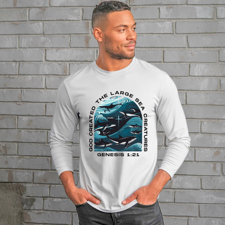 God Created the Large Sea Creatures | Organic Unisex Classic Long-Sleeve T-Shirt Econscious - Sown In Christ Apparel Co.